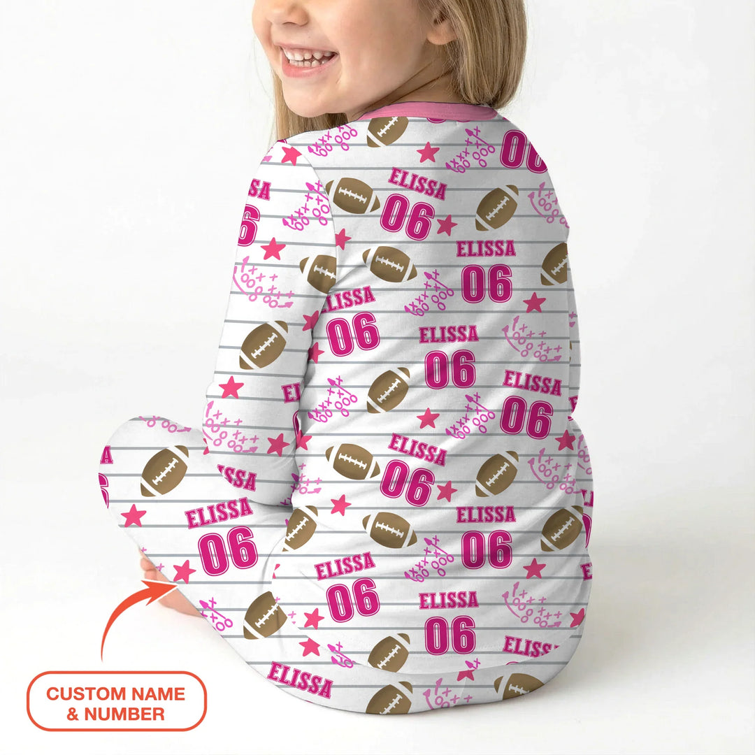 Custom Name Football Time Pink Bamboo Two Piece Long Sleeve Pajama Set