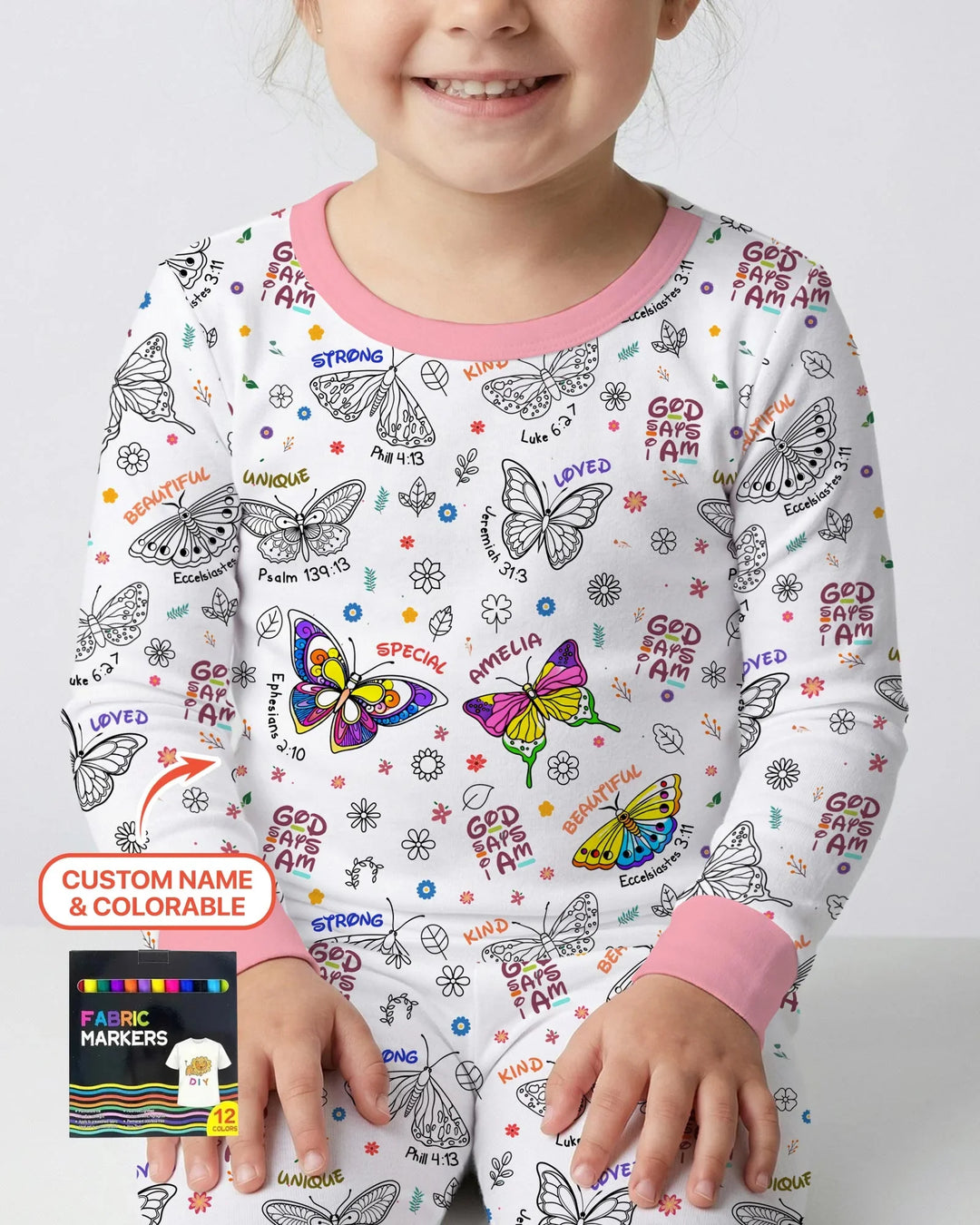 Colorable Custom Name God Says I Am Butterfly Bamboo Two Piece Long Sleeve Pajama Set