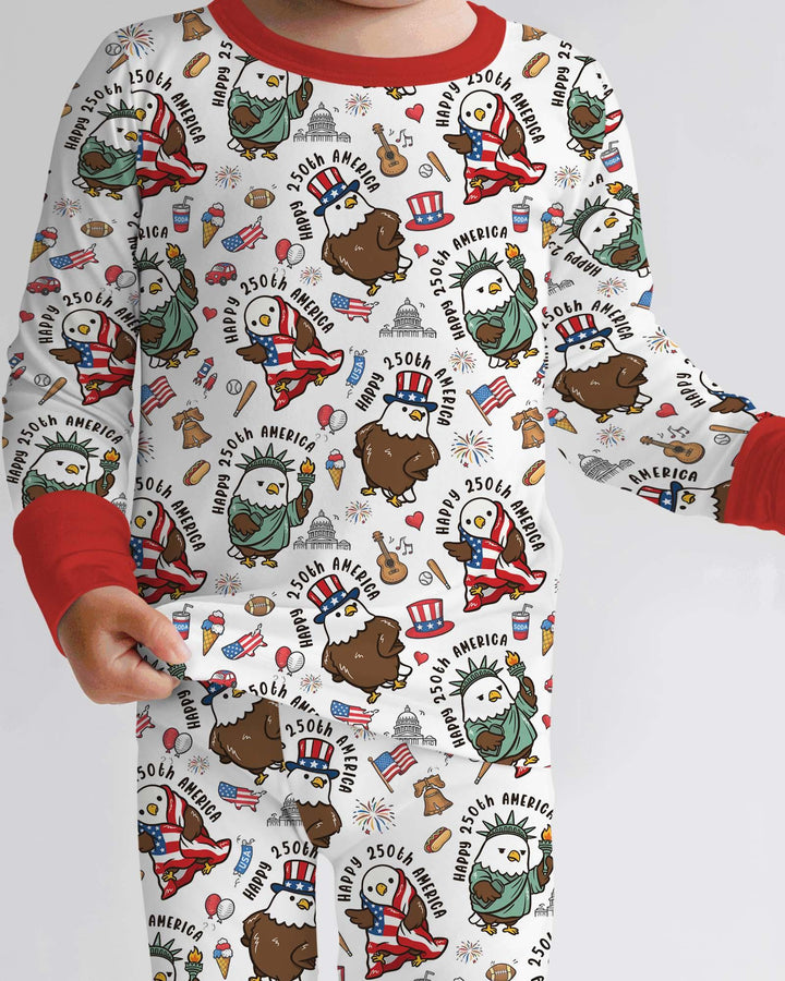 Happy 250th America Cute Patriotic Eagles Family Matching Bamboo Two Piece Long Sleeve Pajama Set