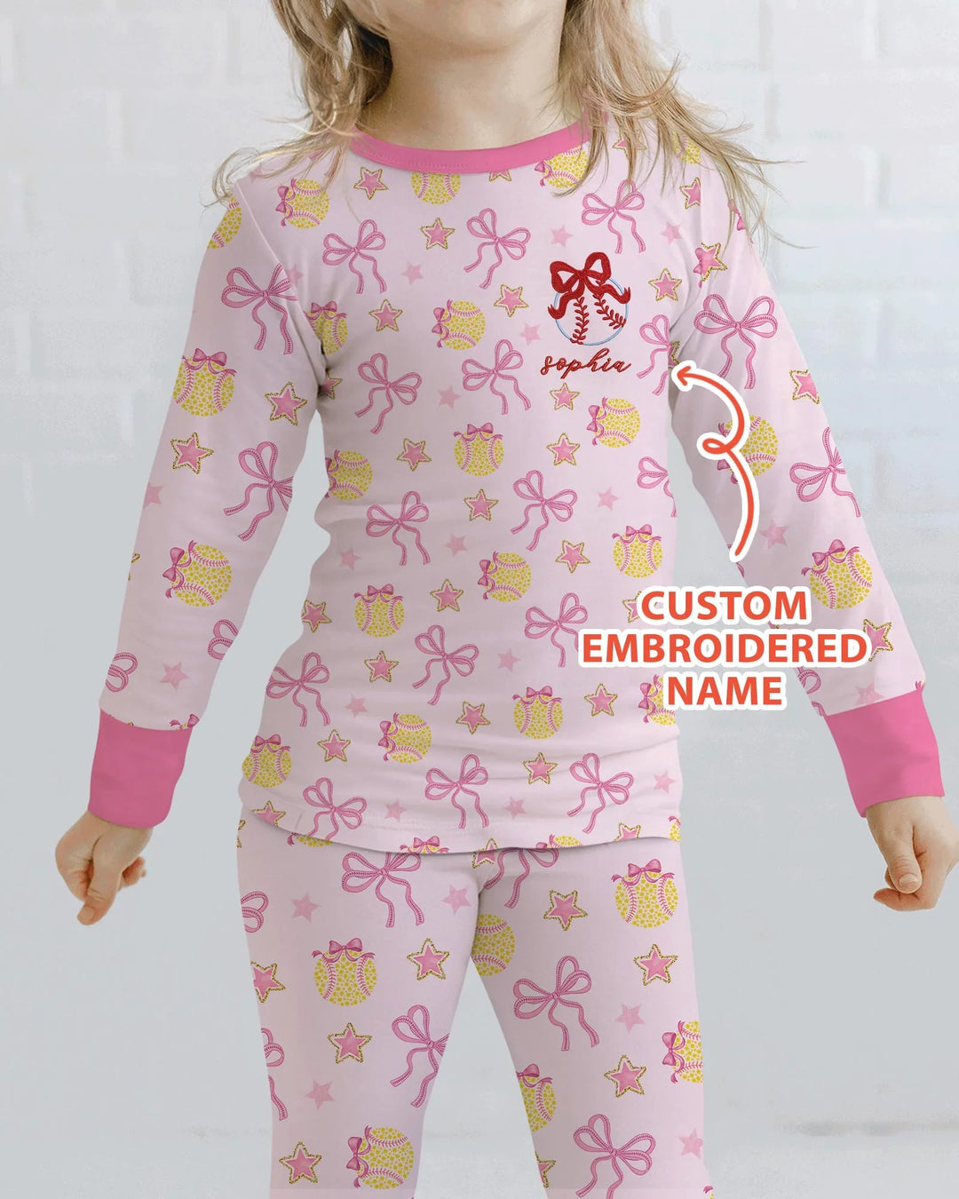 Custom Embroidered Softball Bow Baby Bamboo Two Piece Long Sleeve Pajama Set
