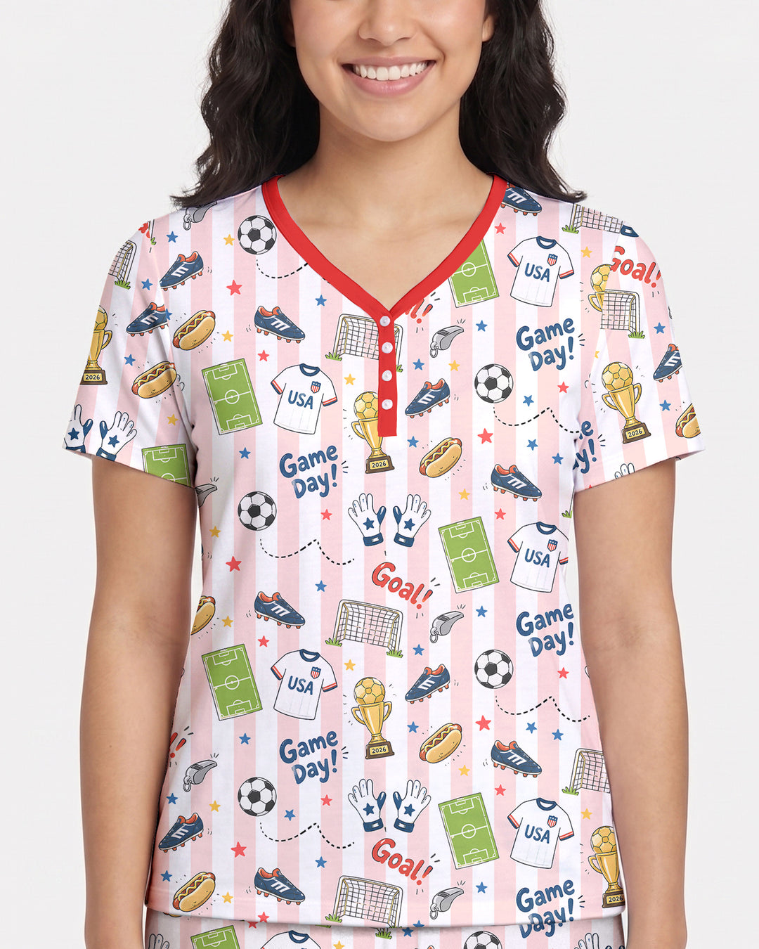 Striped Soccer Game Day Family Matching Bamboo Women Short Sleeve Short Pajama Set