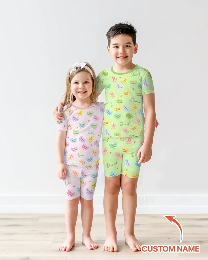 Custom Name Tennis Candy Hearts Bamboo Two Piece Short Sleeve Shorts Pajama Set