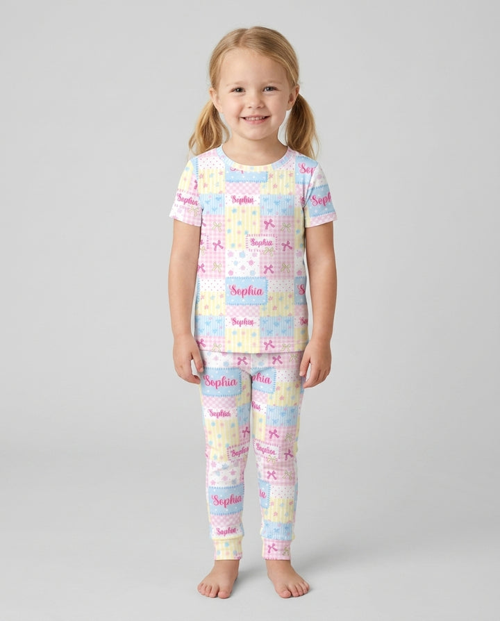 Custom Name Sweet Patchwork Bamboo Two Piece Short Sleeve Pajama Set