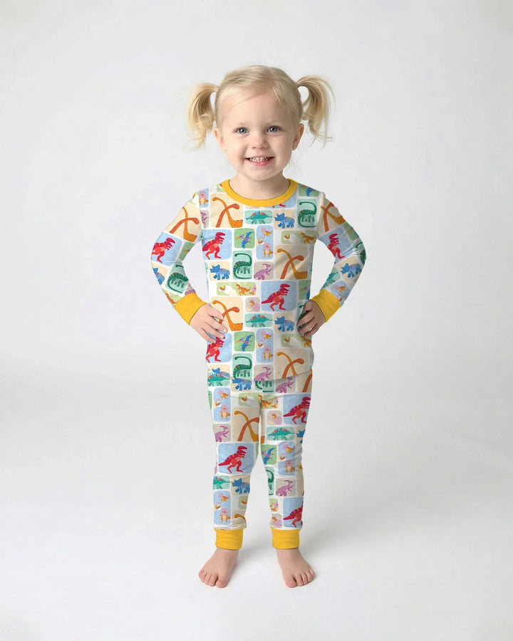 Rainbow Dino Friends Family Matching Bamboo Two Piece Long Sleeve Pajama Set