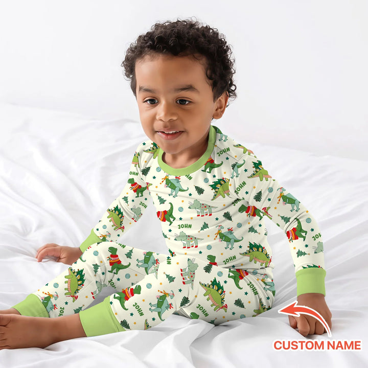 Custom Name Dinosaurs Christmas Tree Bamboo Two Piece Long Sleeve Pajama Set