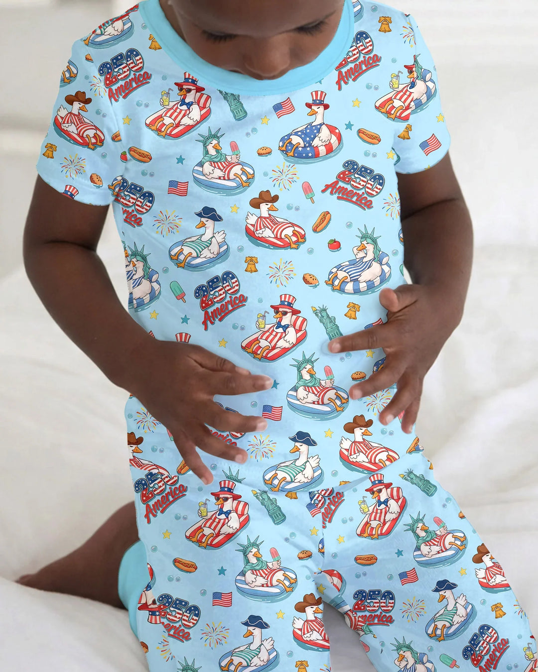 250 America Patriotic Goose Family Matching Bamboo Two Piece Short Sleeve Pajama Set
