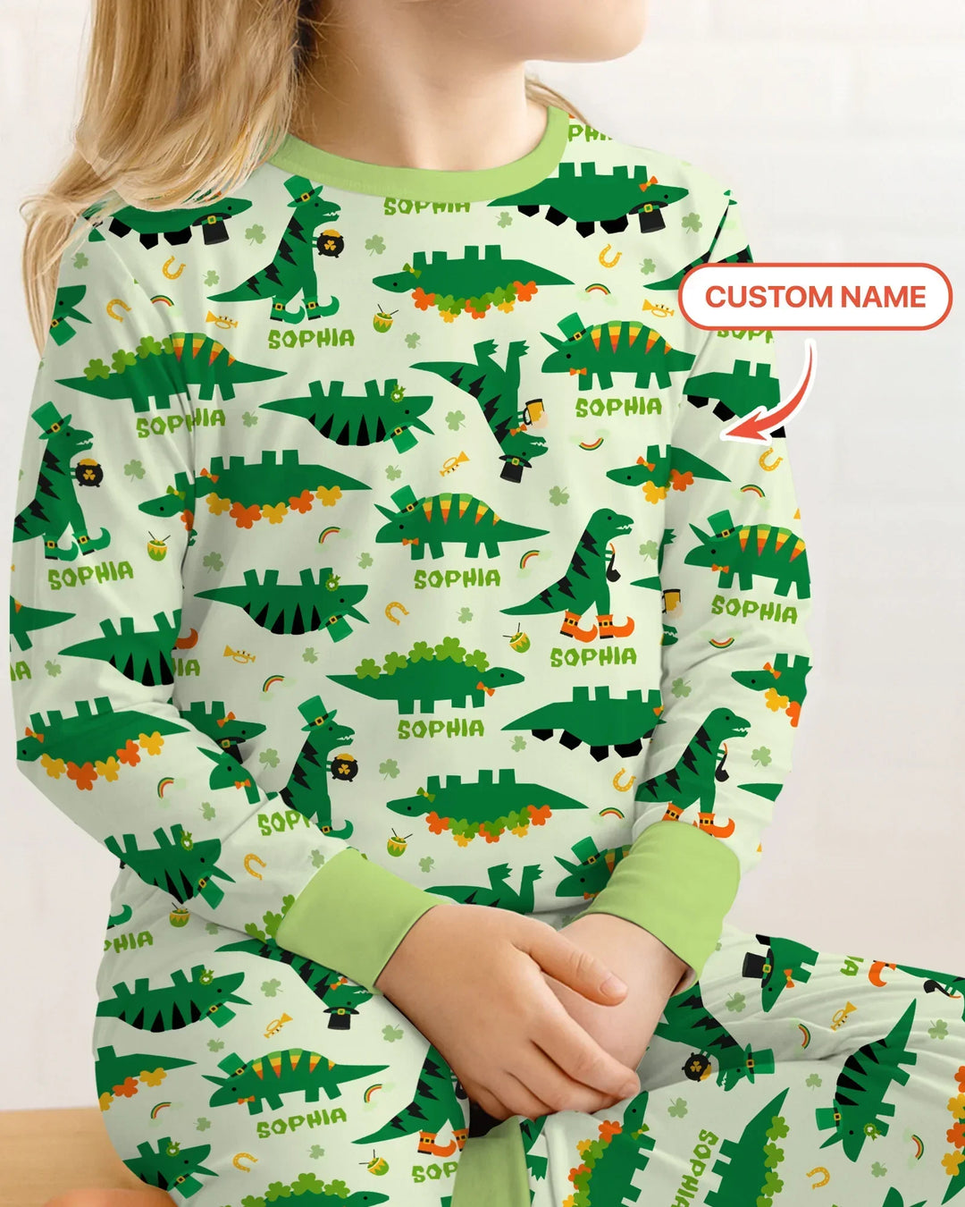 St. Patrick's Day Dinosaurs Custom Bamboo Two Piece Long Sleeve Pajama Set