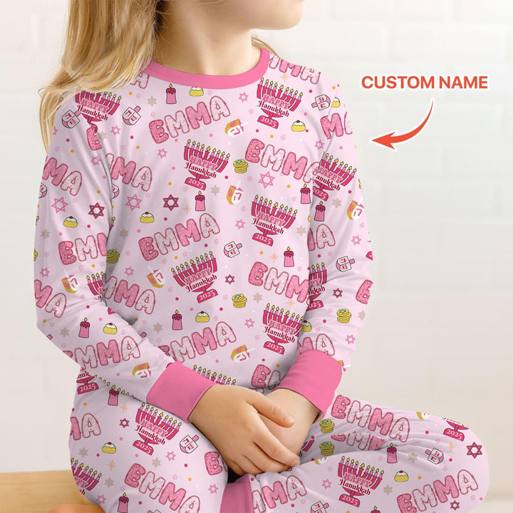 Custom name Happy Hanukkah 2025 Bamboo Two Piece Long Sleeve Pajama Set