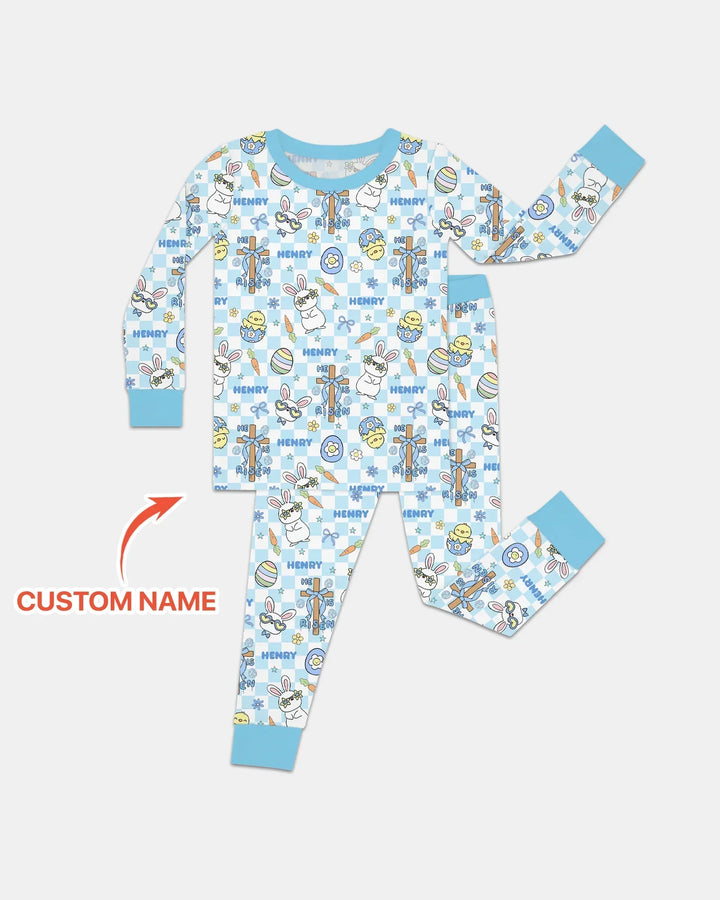 Custom Name Retro Easter Bamboo Two Piece Long Sleeve Pajama Set