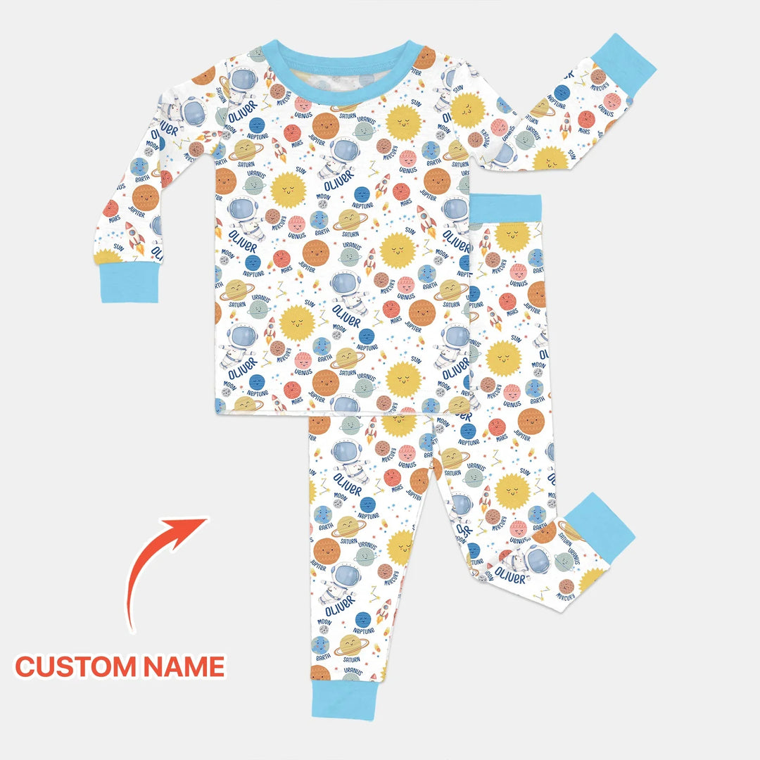 Custom Name Little's Kid into Universer Bamboo Two Piece Long Sleeve Pajama Set