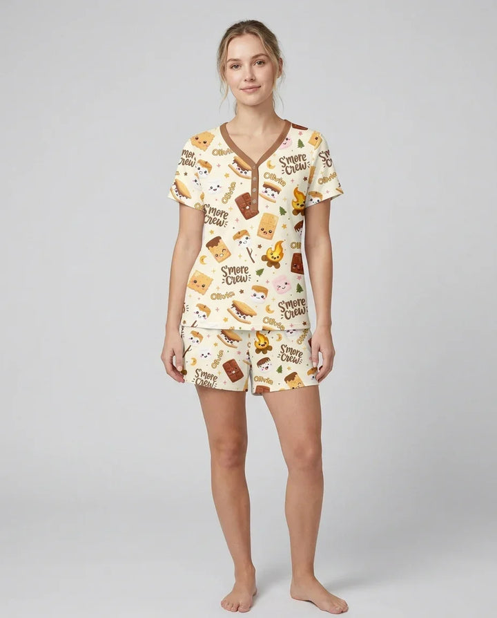 Custom Name Kawaii S'more Crew Family Matching Bamboo Women Short Sleeve Short Pajama Set