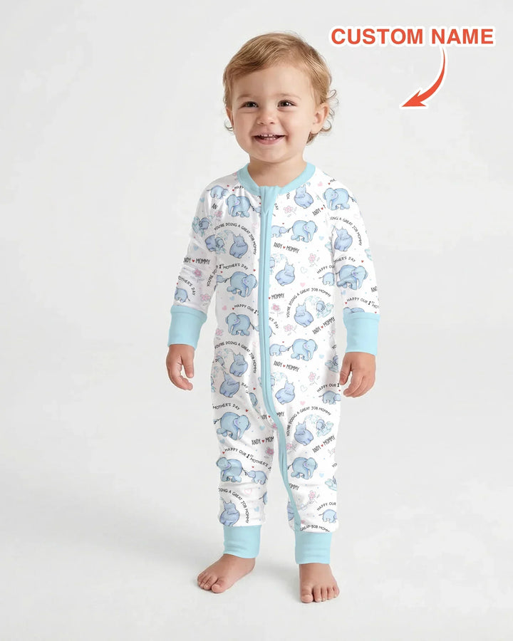 Custom Name Mother & Baby Elephant Bamboo Convertible Zippy