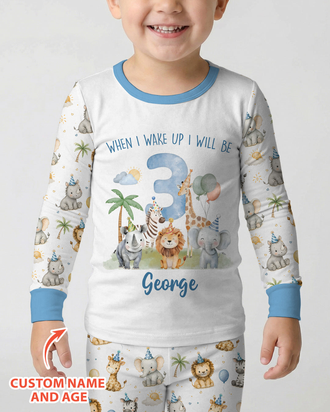 Custom Name Safari Animals When I Wake Up I Will Be Birthday Bamboo Two Piece Long Sleeve Pajama Set