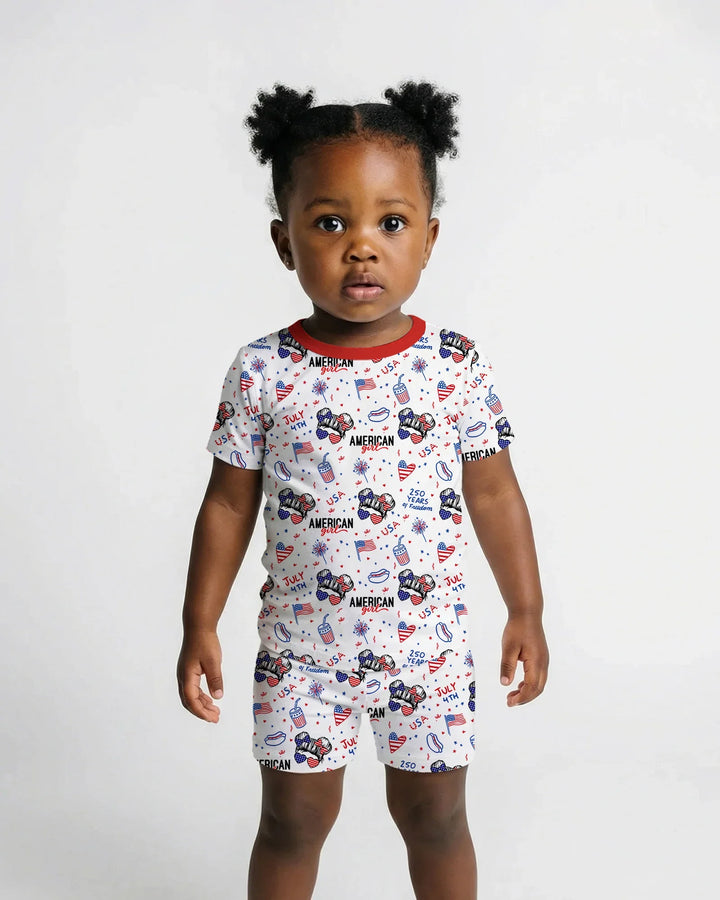 Doodle American Flag Glasses Family Matching Bamboo Two Piece Short Sleeve Shorts Pajama Set