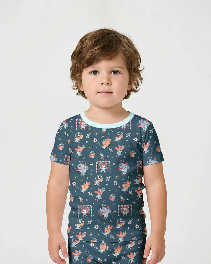 Space Soccer Bamboo Two Piece Short Sleeve Shorts Pajama Set