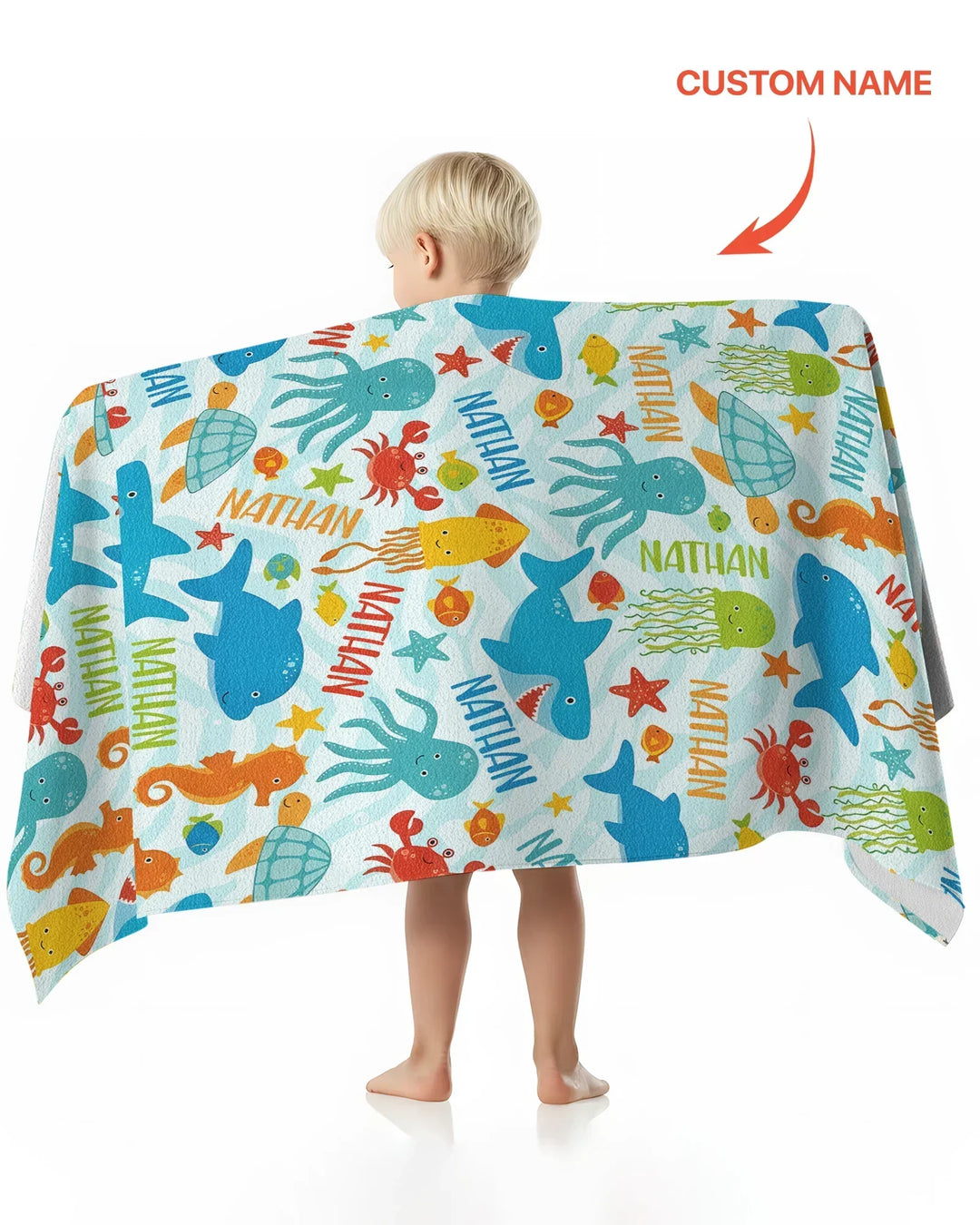 Custom Name Sea Life Kid Bamboo Beach Towel