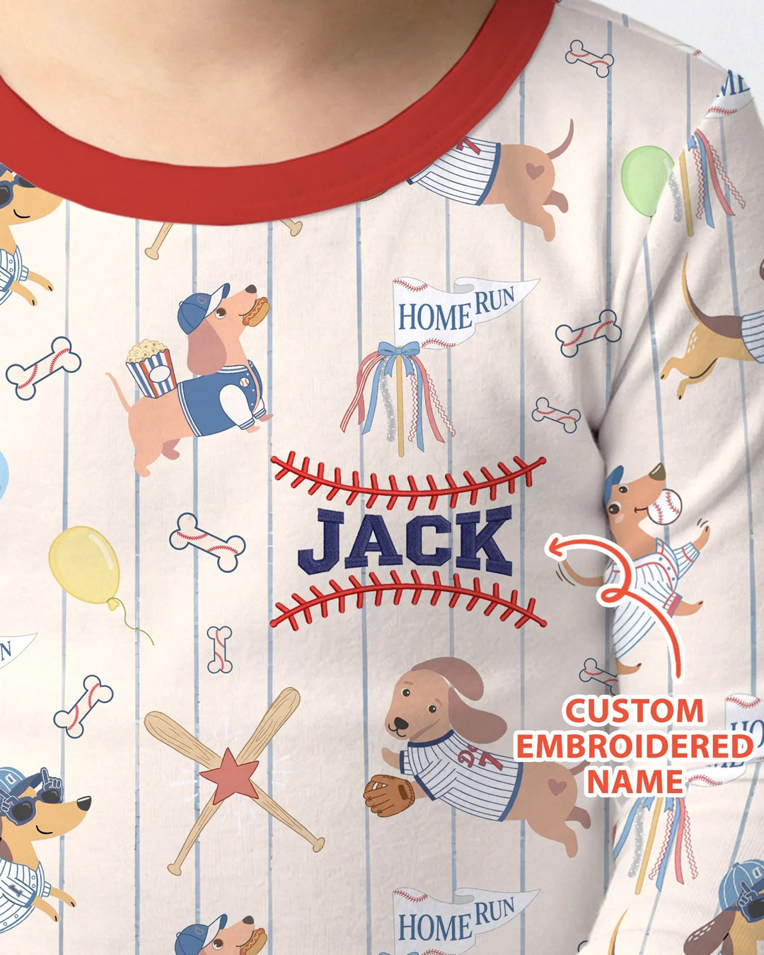 Personalized Embroidered Name Dachshund Baseball Bamboo Two Piece Long Sleeve Pajama Set