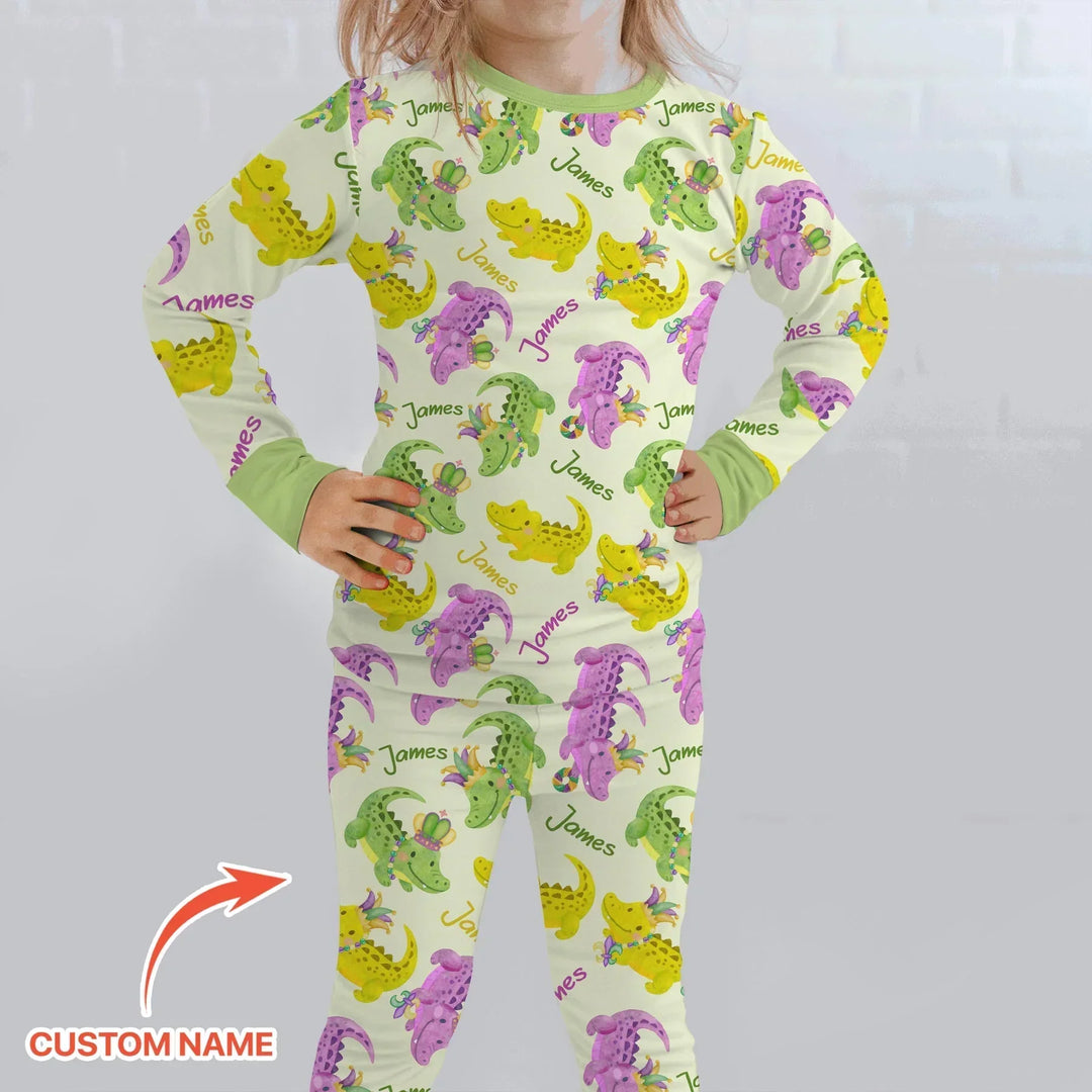 Custom Name Mardi Gras Alligator Bamboo Two Piece Long Sleeve Pajama Set