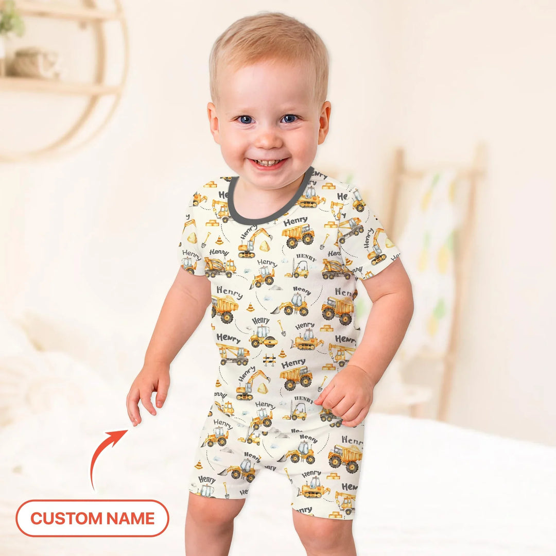 Constructions Machines Custom Name Bamboo Two Piece Short Sleeve Shorts Pajama Set