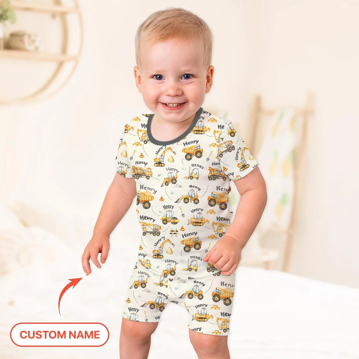 Constructions Machines Custom Name Bamboo Two Piece Short Sleeve Shorts Pajama Set