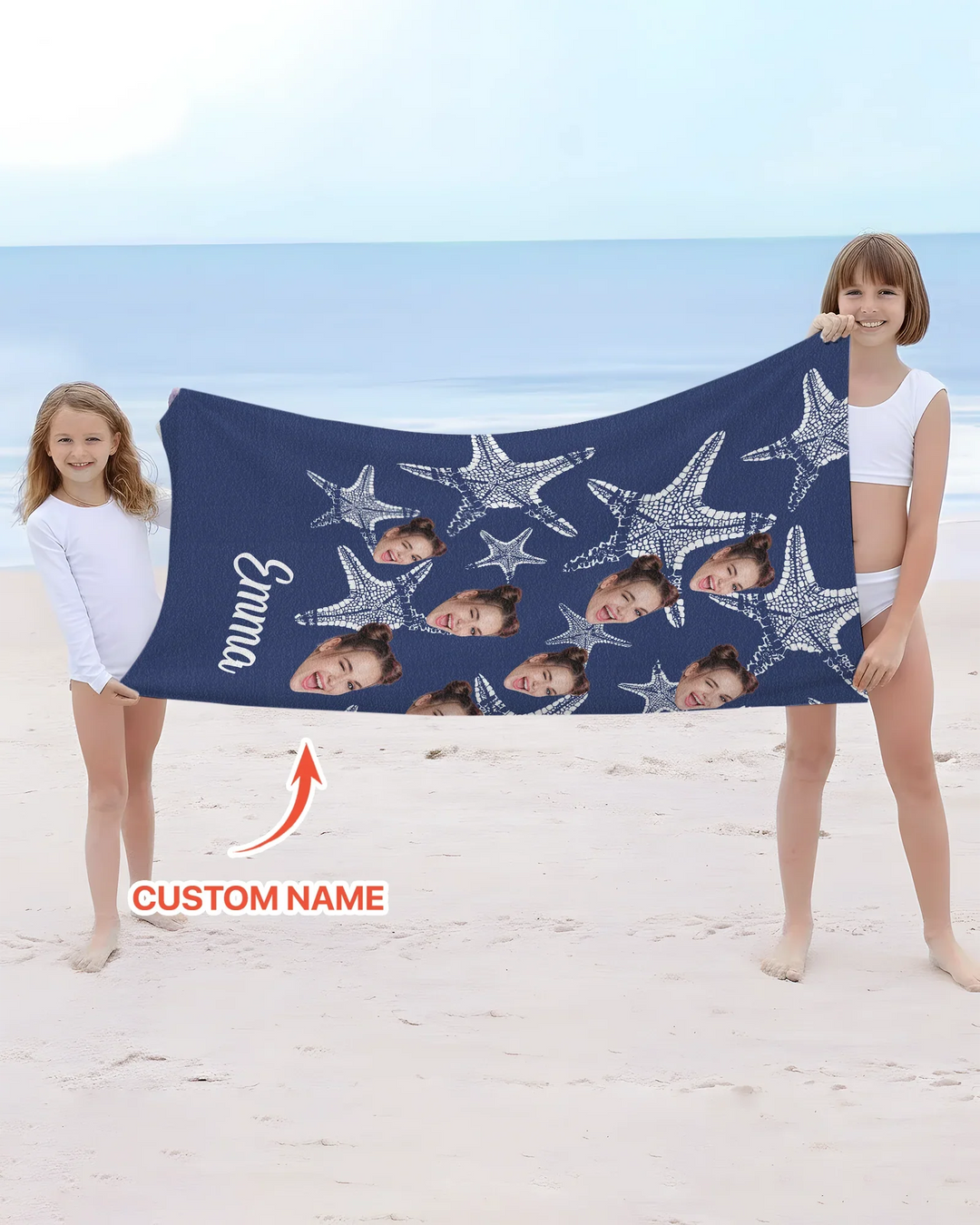 Custom Photo Starfish With Names Bamboo Beach Towel