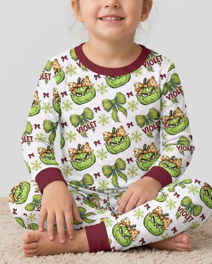 Custom Name Grumpy Green Christmas Bamboo Two Piece Long Sleeve Pajama Set