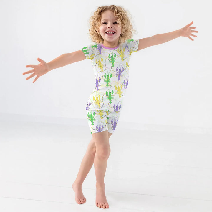 Mardi Gras Crawfish Family Matching Bamboo Two Piece Short Sleeve Shorts Pajama Set