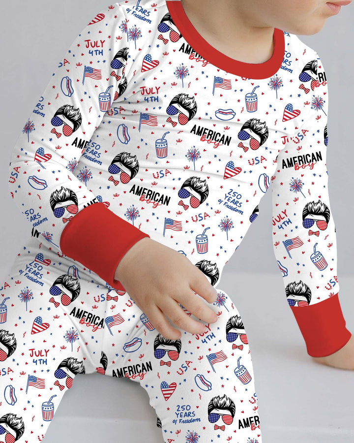 Doodle American Flag Glasses Family Matching Bamboo Two Piece Long Sleeve Pajama Set