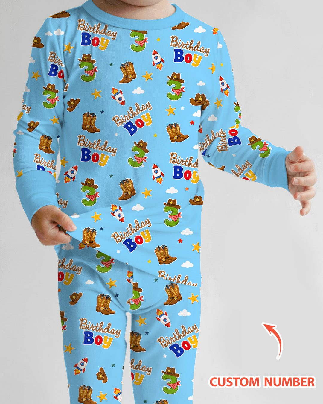 Custom Birthday Western Boy Bamboo Two Piece Long Sleeve Pajama Set