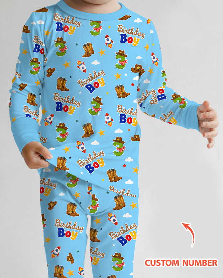 Custom Birthday Western Boy Bamboo Two Piece Long Sleeve Pajama Set