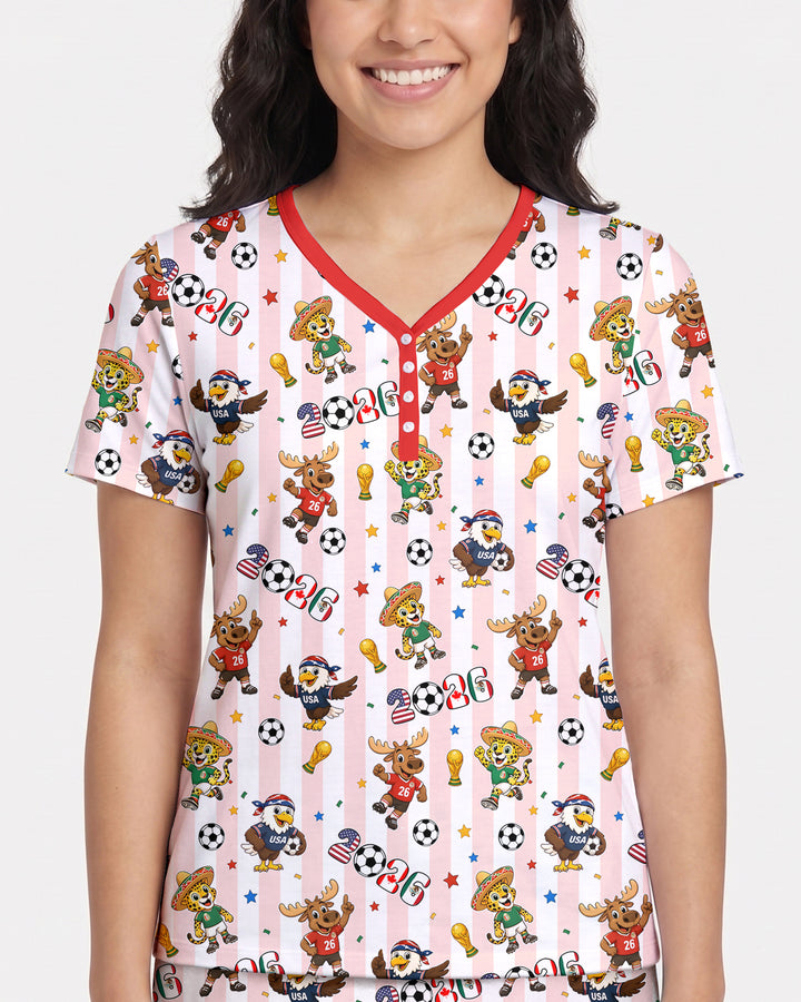 Striped Cute Mascots Soccer Cup 2026 Bamboo Men Short Sleeve Short Pajama Set