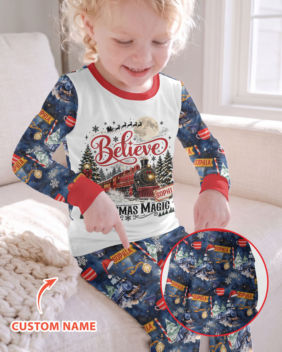 Believe North Pole Train Custom Name  Bamboo Two Piece Long Sleeve Pajama Set
