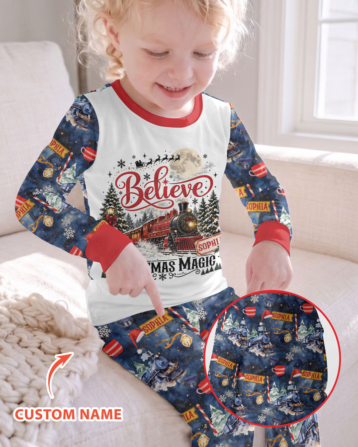 Believe North Pole Train Custom Name  Bamboo Two Piece Long Sleeve Pajama Set