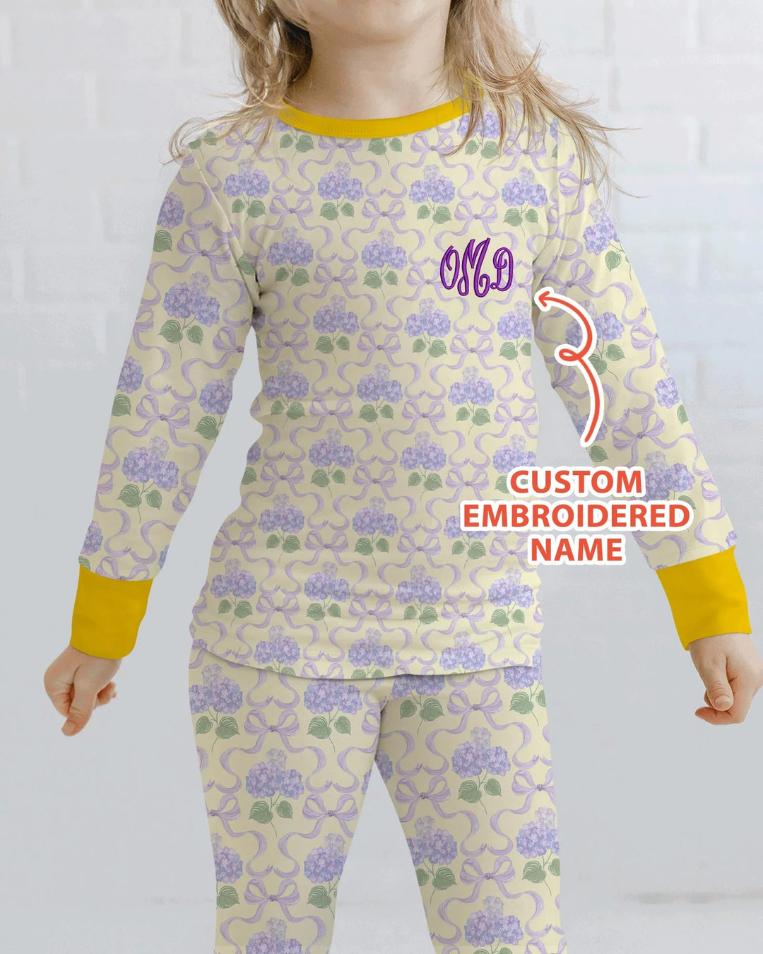 Custom Name Embroidered Hydrangea Welcome Home Bamboo Two Piece Long Sleeve Pajama Set