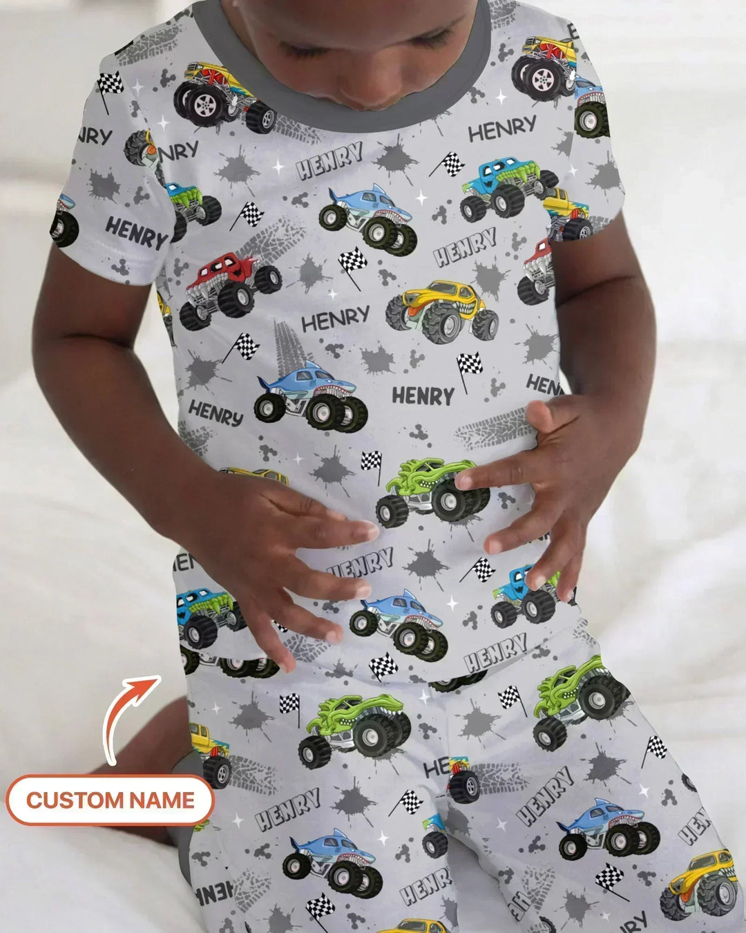 Monster Truck Dirt Jam Custom Name Daddy & Me Matching Bamboo Two Piece Short Sleeve Pajama Set