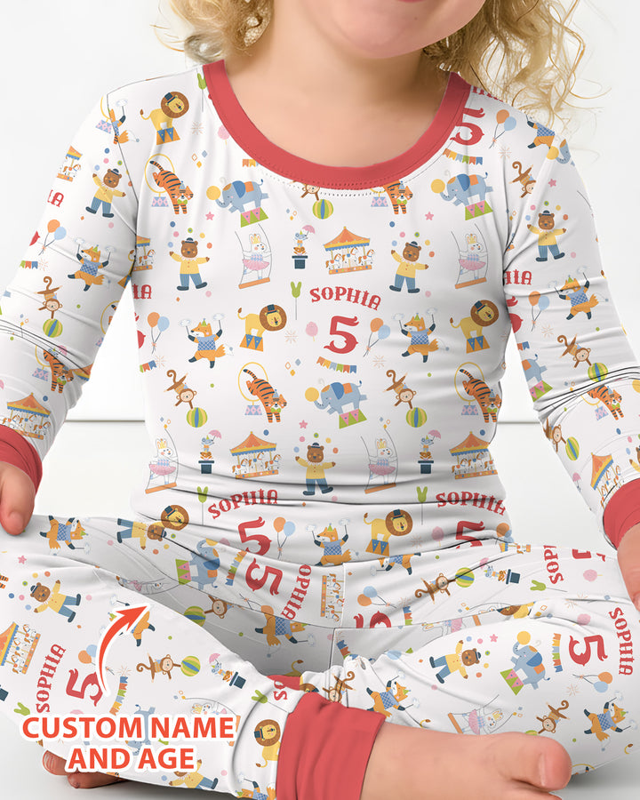 Custom Name Birthday Circus Bamboo Two Piece Long Sleeve Pajama Set