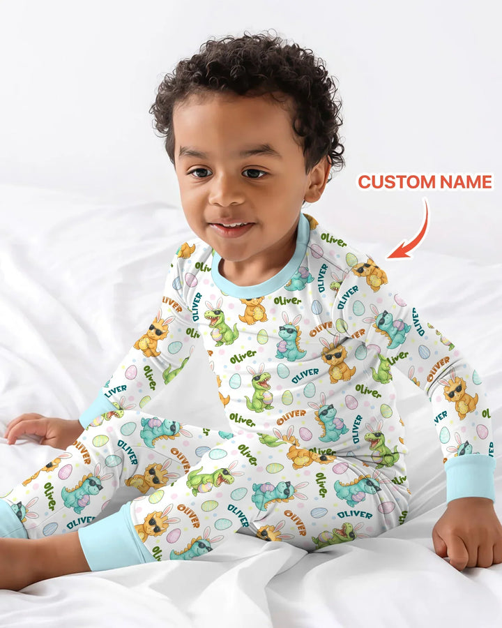 Custom Name Dinosaur on the Hunt Bamboo Two Piece Long Sleeve Pajama Set