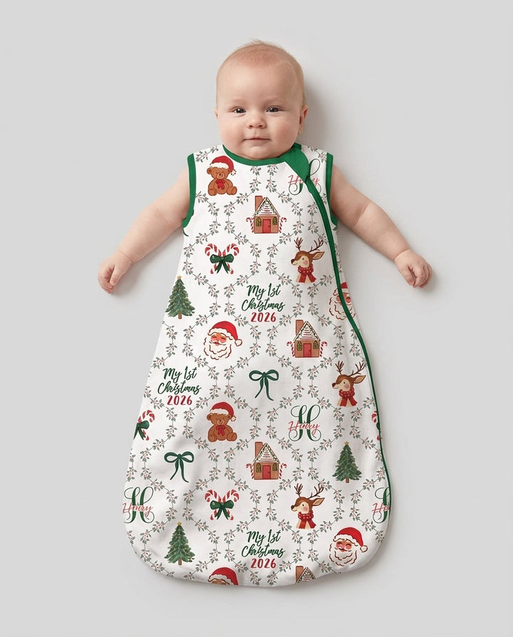 Custom name "Fancy Monogram Green Christmas 2026" Bamboo Sleep Bag