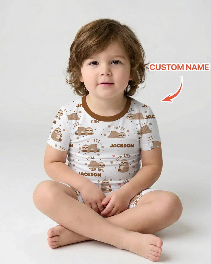 Custom Name Cute Sloth Bamboo Two Piece Short Sleeve Shorts Pajama Set
