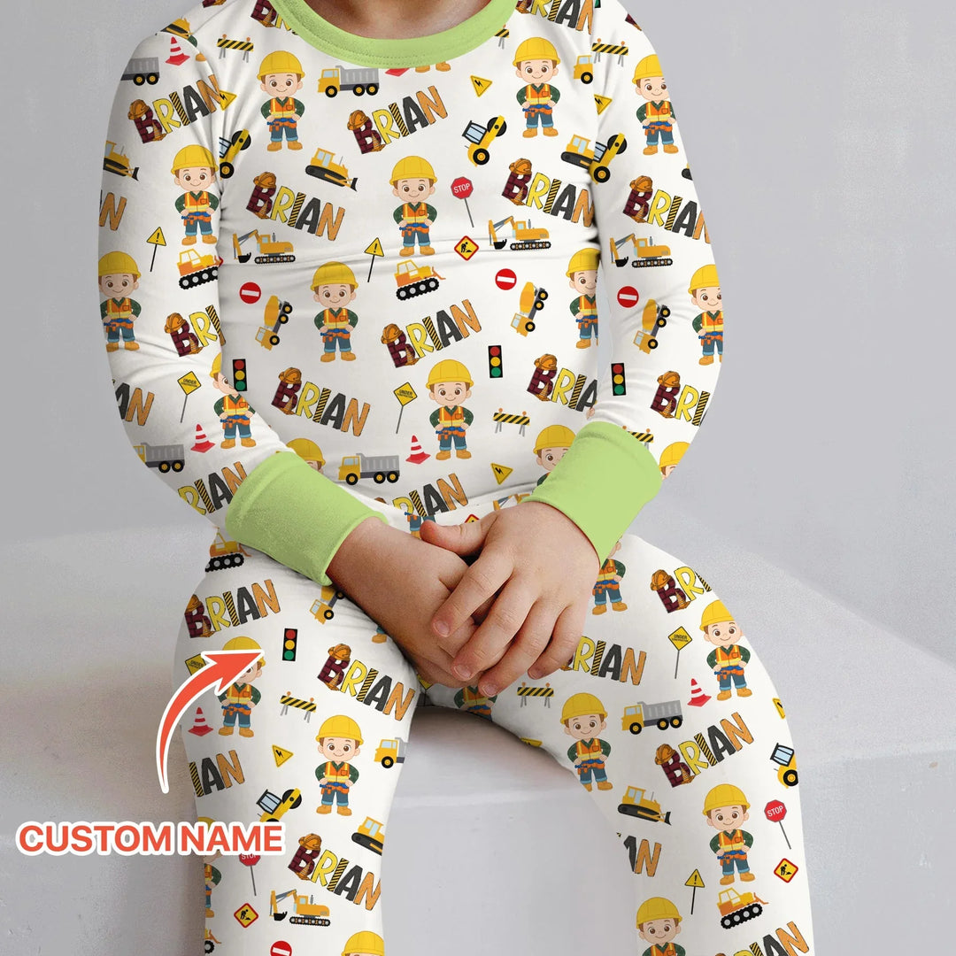 Custom Name Doodle Little Builder Bamboo Two Piece Long Sleeve Pajama Set