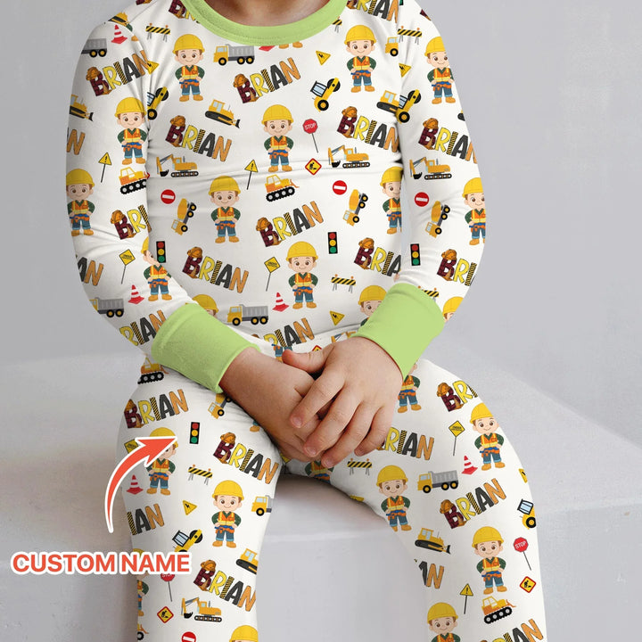 Custom Name Doodle Little Builder Bamboo Two Piece Long Sleeve Pajama Set