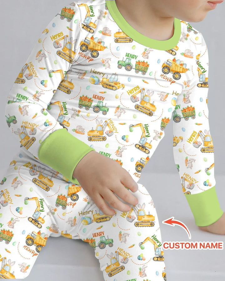 Easter Construction Vehicles Custom Name Bamboo Two Piece Long Sleeve Pajama Set