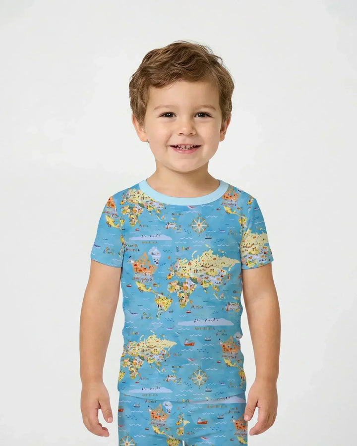 Whimsical World Map Family Matching Bamboo Two Piece Short Sleeve Pajama Set