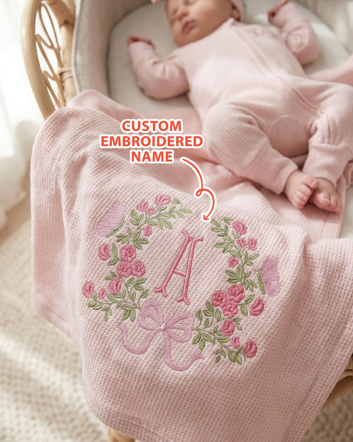 Personalized Flower Wreath Embroidered Waffle Bamboo Blanket