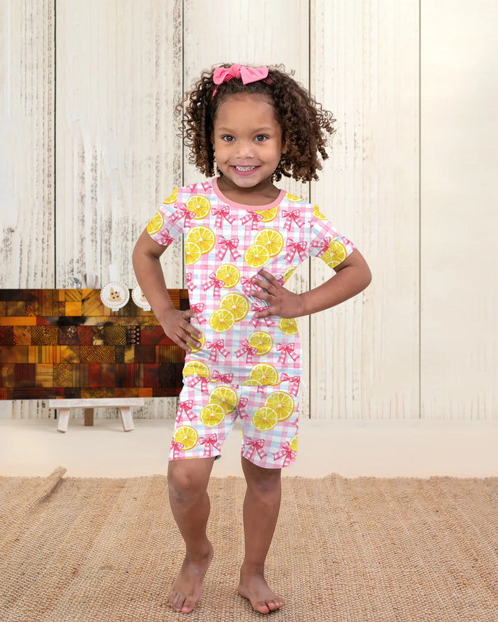 Pink Lemons Bows Checkered Bamboo Two Piece Short Sleeve Shorts Pajama Set