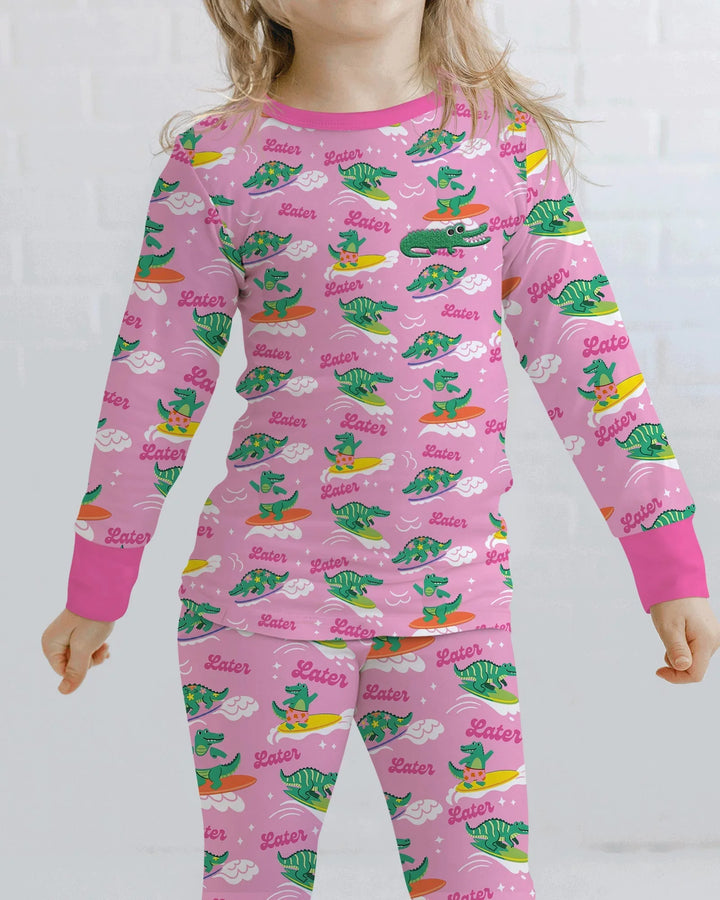 Embroidered Summer Alligator Bamboo Two Piece Long Sleeve Pajama Set
