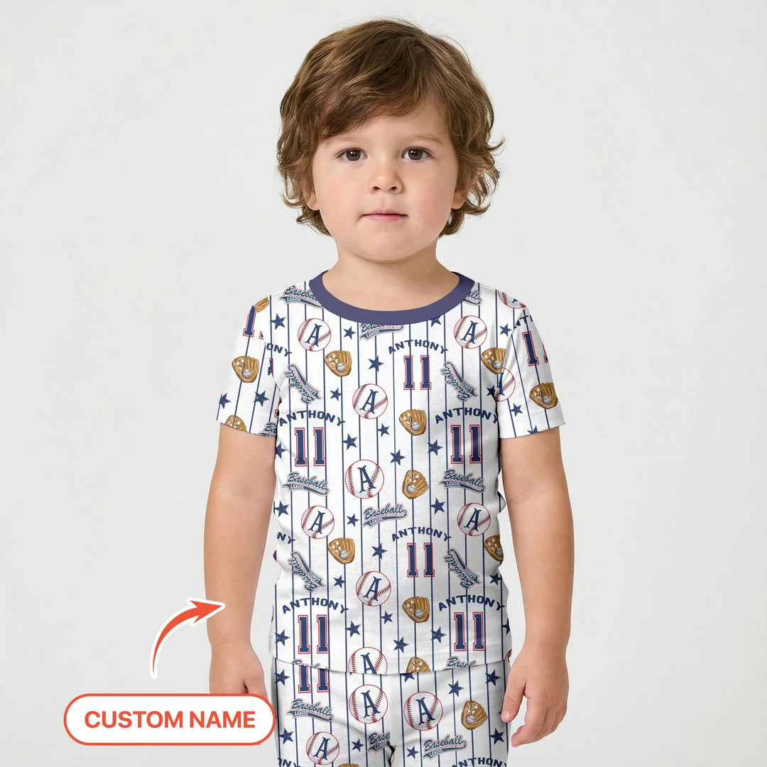 Custom Name Baseball Time Bamboo Two Piece Short Sleeve Shorts Pajama Set