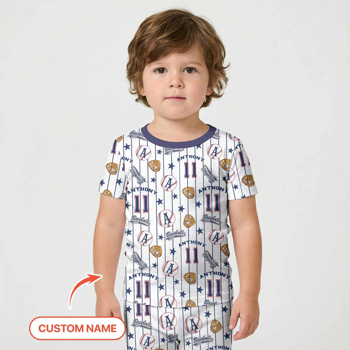 Custom Name Baseball Time Bamboo Two Piece Short Sleeve Shorts Pajama Set