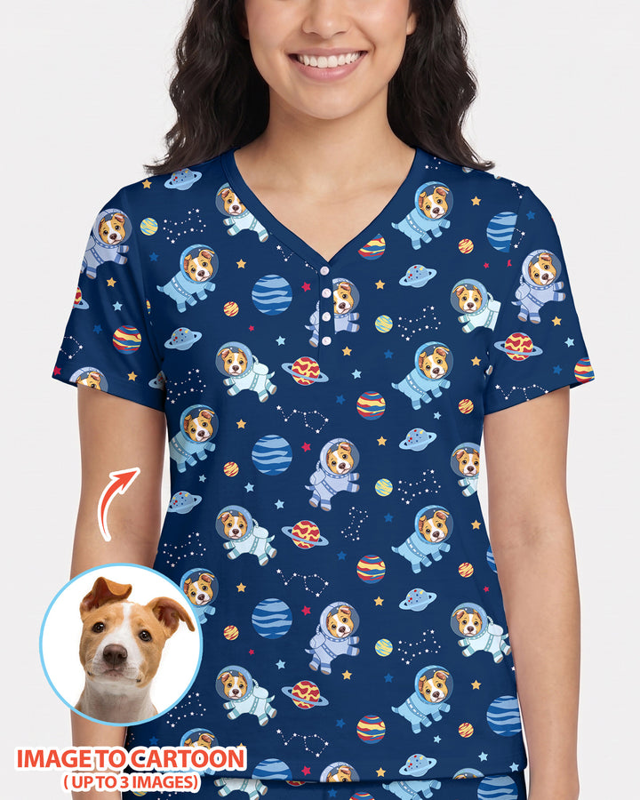 Astronaut Custom Pet Image Family Matching Bamboo Women Short Sleeve Short Pajama Set