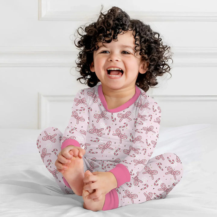 Pink Candy Bows Bamboo Two Piece Long Sleeve Pajama Set
